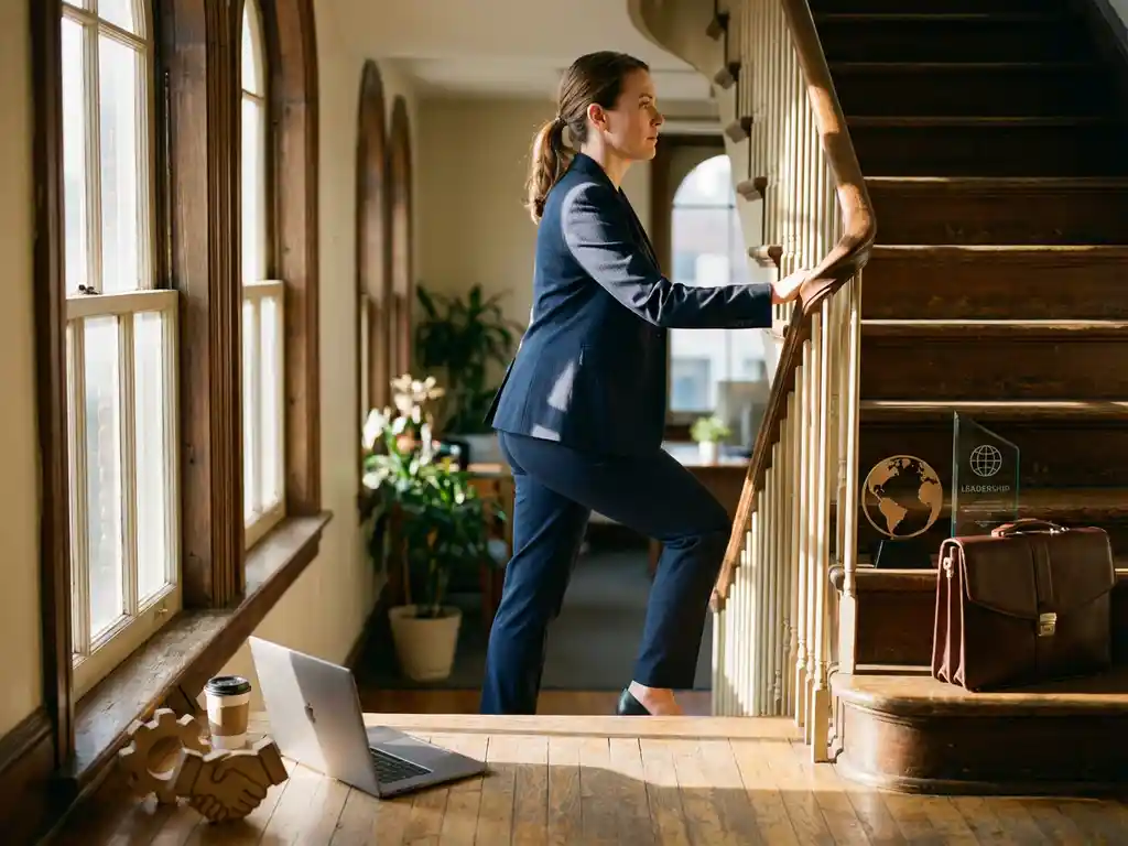 Professionele zakenvrouw klimt houten trap met carrièresymbolen op elke trede, van laptop tot leiderschapsprijzen
