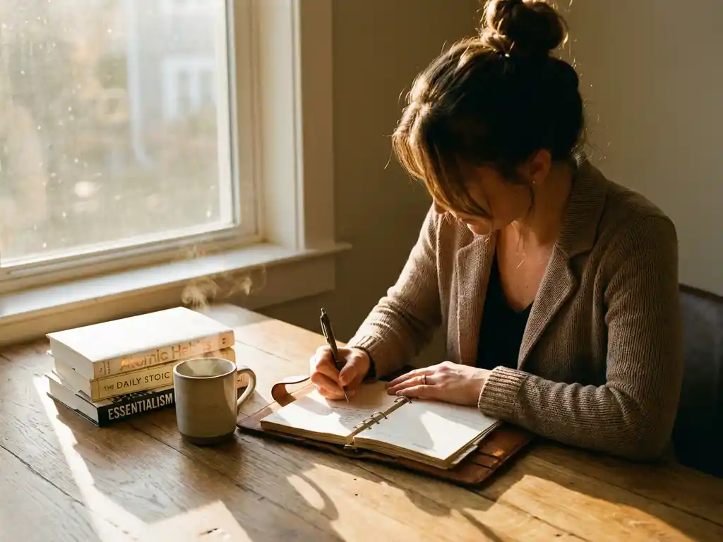 Professionele vrouw schrijft in agenda aan houten bureau met koffie en boeken, zachte ochtendlicht door raam