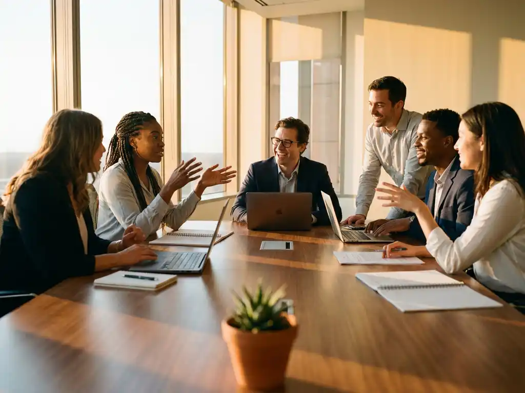 Diverse professionals in geanimeerde discussie rond moderne vergadertafel met laptops en notitieblokken in gouden zonlicht