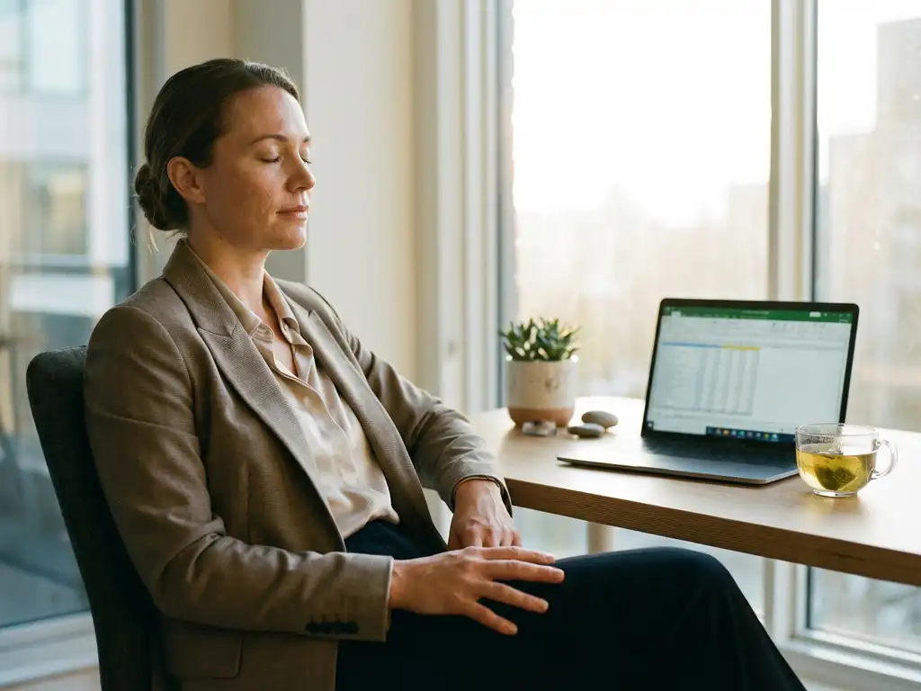 Professionele vrouw mediteert rustig aan bureau met laptop, plant en thee in warm kantoorlicht