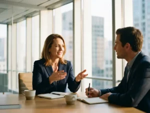 Professionele vrouw in gesprek met collega aan conferentietafel, expressief gebarend in moderne kantooromgeving
