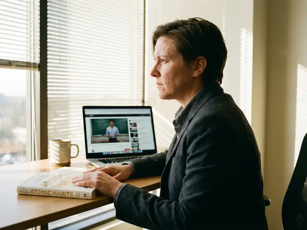 Zakelijke professional zit peinzend aan bureau met open boek en laptop, gefilterd daglicht door luxaflex