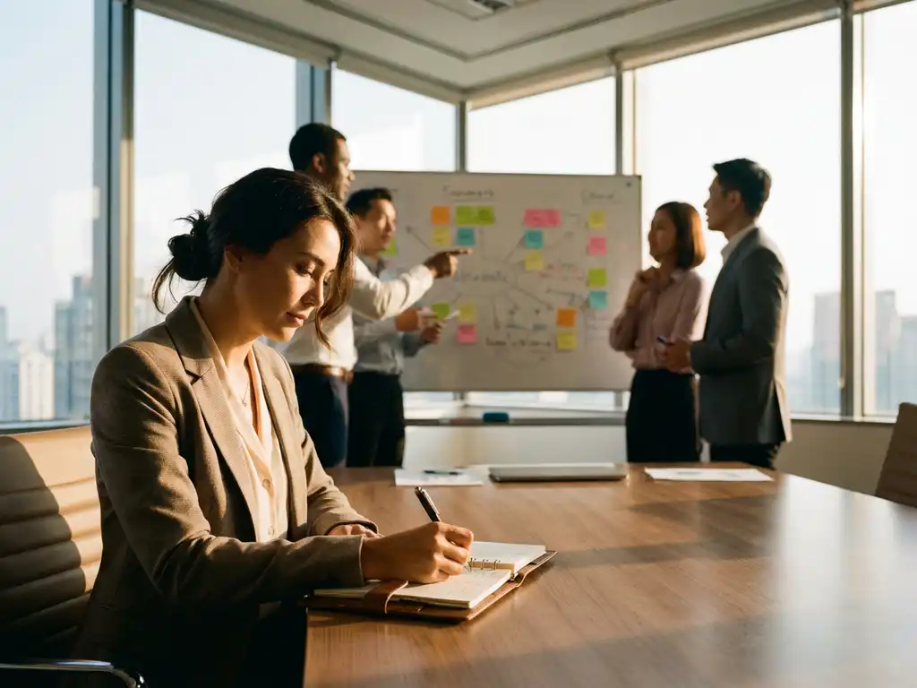 Professionele vrouw schrijft in dagboek aan conferentietafel terwijl divers team samenwerkt op achtergrond