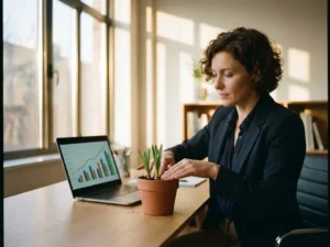 Professionele vrouw in kantoor verzorgt plantje naast laptop met groeigrafiek, natuurlijk zonlicht door ramen