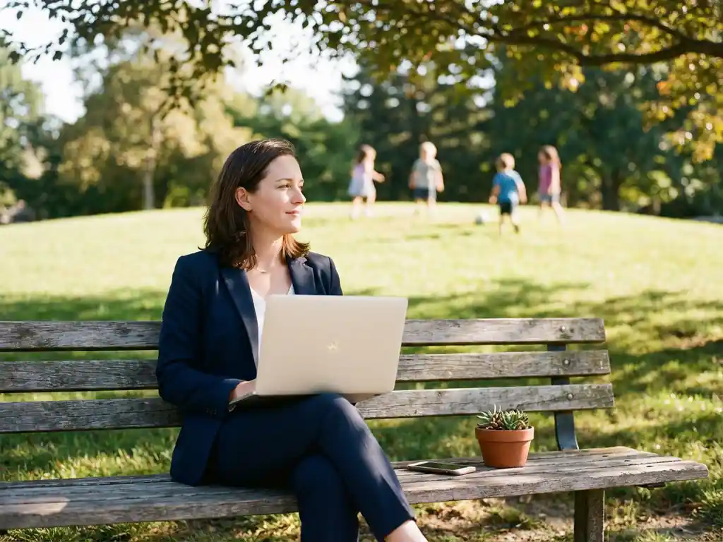 Professionele vrouw met laptop op parkbank tijdens lunchpauze, kijkend naar spelende kinderen in gouden zonlicht