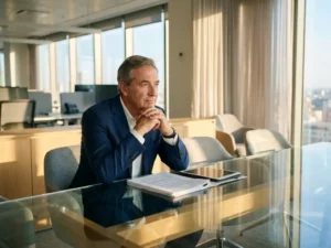 Bedrijfsdirecteur overweegt strategische documenten aan glazen vergadertafel in modern kantoor met natuurlijk licht