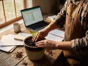 Kleine ondernemer plant groene zaailing in donkere aarde op houten bureau met zakelijke documenten en laptop