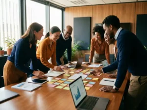 Diverse professionals brainstormen rond moderne vergadertafel met kleurrijke post-its, laptops en notitieblokken in lichte kantoorruimte