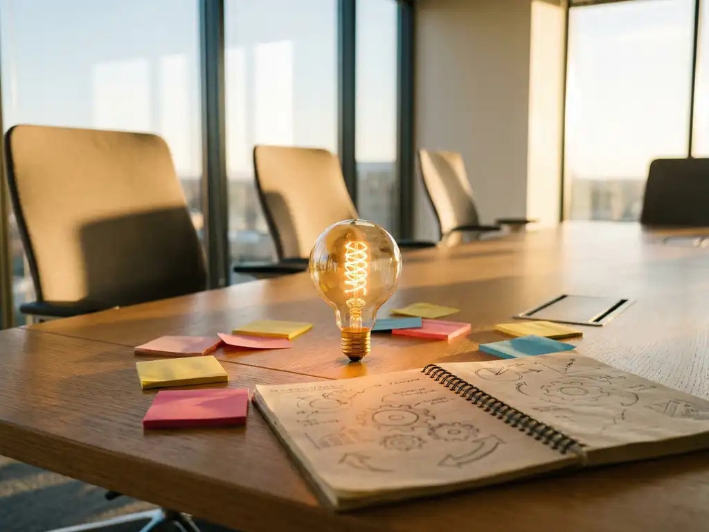 Gloeilamp met gloeiende filament op houten vergadertafel omringd door kleurrijke notities en schetsboek in moderne trainingsruimte