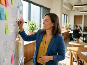 Professionele vrouw brainstormt enthousiast bij whiteboard met kleurrijke sticky notes in modern kantoor