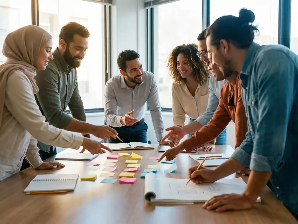 Diverse medewerkers brainstormen rond conferentietafel met kleurrijke post-its en notitieblokken in modern kantoor