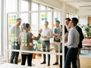 Professionele trainer leidt brainstormsessie met medewerkers rond whiteboard vol kleurrijke sticky notes in zonnig kantoor