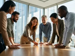 Diverse professionals rond conferentietafel terwijl iemand gloeiende gloeilamp in het midden plaatst, warme natuurlijke verlichting