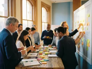 Diverse professionals plaatsen gekleurde post-it notes op whiteboard tijdens brainstormsessie aan houten vergadertafel