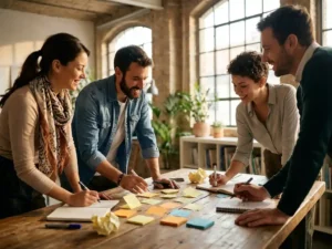Diverse professionals brainstormen samen aan houten vergadertafel met kleurrijke sticky notes in natuurlijk licht