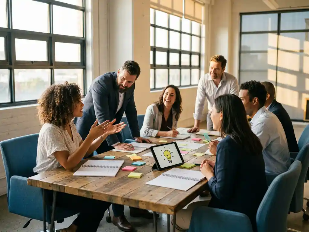 Diverse professionals brainstormen rond moderne vergadertafel met notitieboeken, sticky notes en tablet met lampje-schets