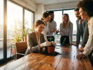 Zakelijke leider plant groene zaailing in donkere grond aan houten vergadertafel met diverse teamleden in discussie