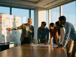 Ervaren zakelijke mentor begeleidt divers team rond moderne conferentietafel met kleurrijke sticky notes en innovatieschetsen