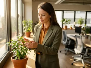 Professionele vrouw verzorgt groene plant op kantoorvensterbank met natuurlijk licht en warme aardtinten