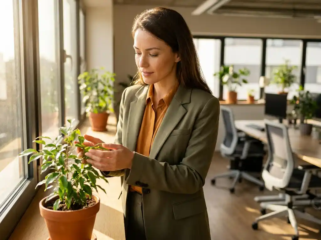 Professionele vrouw verzorgt groene plant op kantoorvensterbank met natuurlijk licht en warme aardtinten