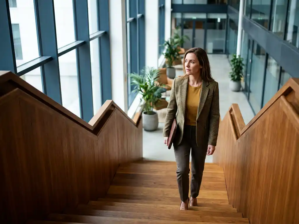 Professionele vrouw loopt vastberaden houten trap op in modern kantoor met natuurlijk licht door grote ramen