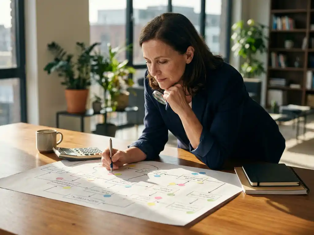 Zakenvrouw van middelbare leeftijd bestudeert carrièreontwikkelingsgrafiek op houten bureau met calculator en koffie