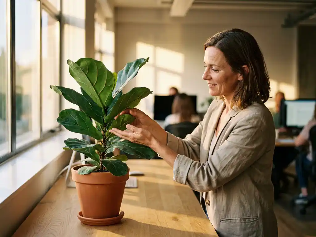 Professionele vrouw verzorgt kamerplant aan modern kantoorbureau met zonlicht door ramen, duurzame carrièreontwikkeling