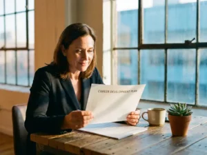 Professionele vrouw van middelbare leeftijd bekijkt carrièreontwikkelingsdocument aan houten bureau bij raam
