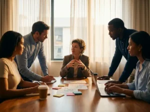 Professionele coach begeleidt divers team van vier medewerkers tijdens brainstormsessie aan moderne vergadertafel