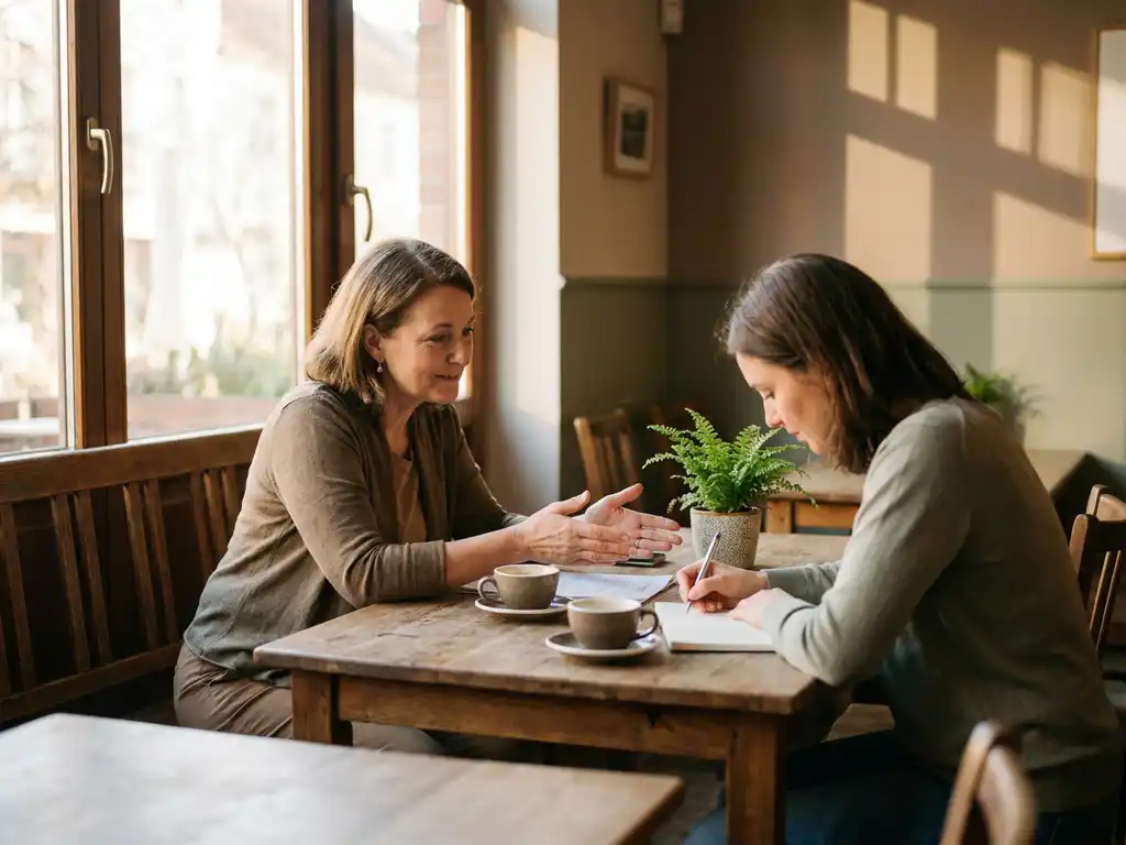 Professionele coach in gesprek met cliënt aan houten tafel, ondersteunende handgebaren, warme natuurlijke verlichting