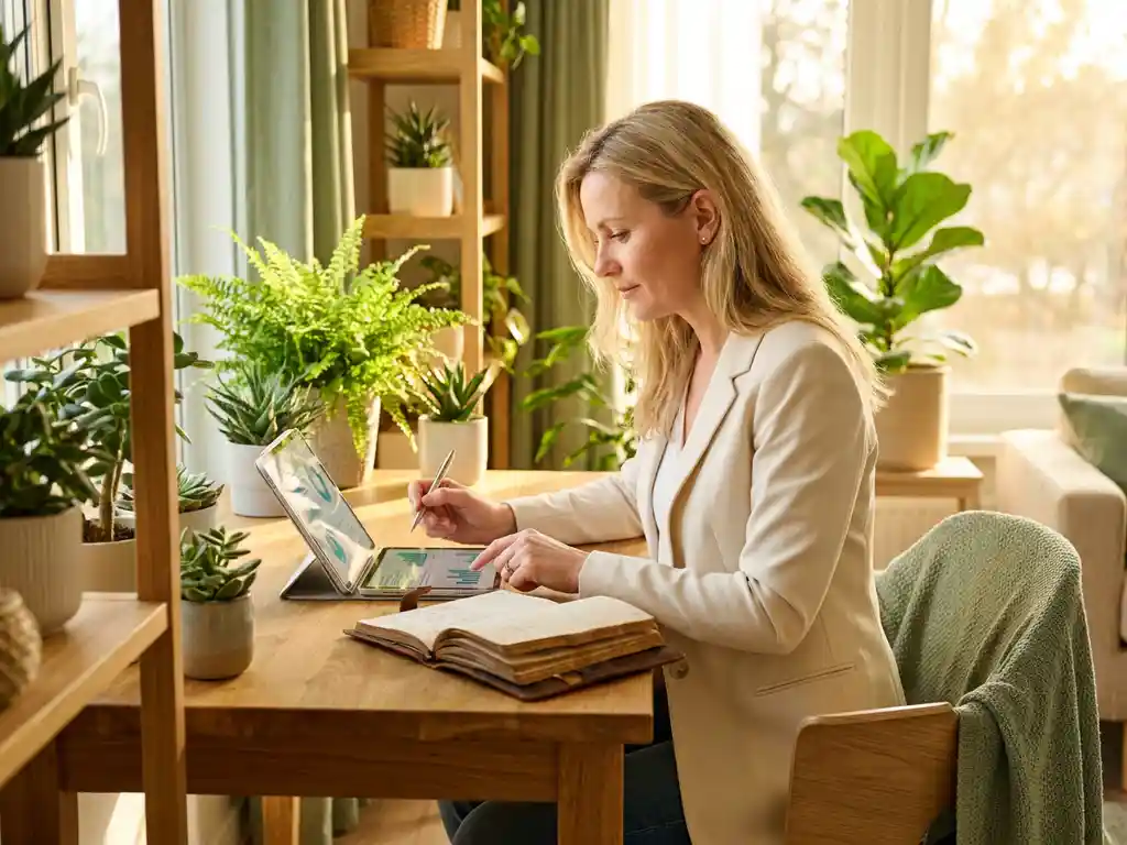 Professionele vrouw schrijft in leren notitieboek terwijl ze tablet met digitale leermodules gebruikt, omringd door planten
