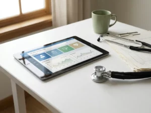 Tablet met zorgapp naast stethoscoop en patiëntendossiers op wit medisch bureau in kliniek