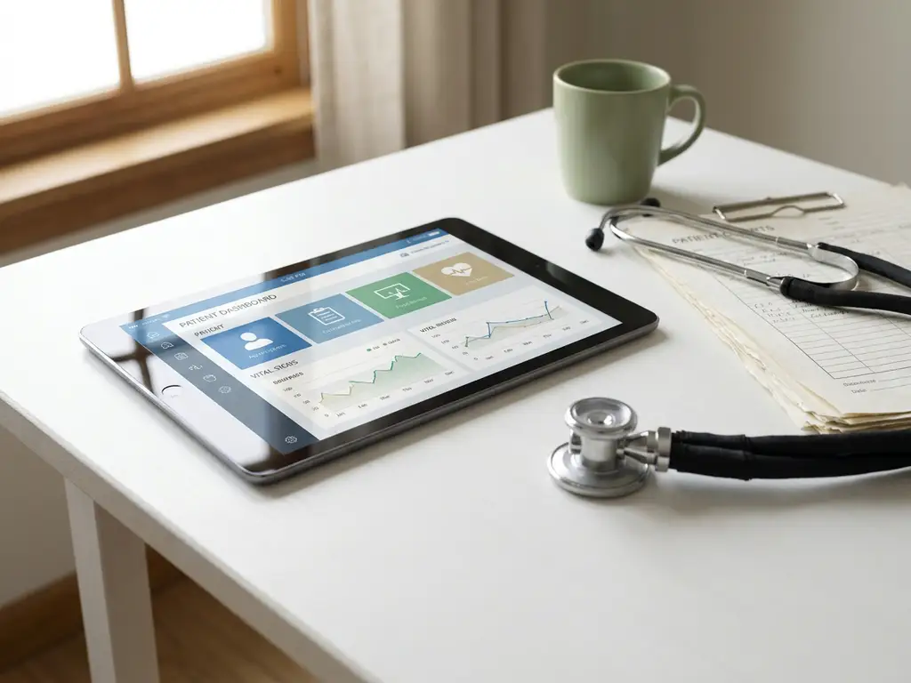 Tablet met zorgapp naast stethoscoop en patiëntendossiers op wit medisch bureau in kliniek