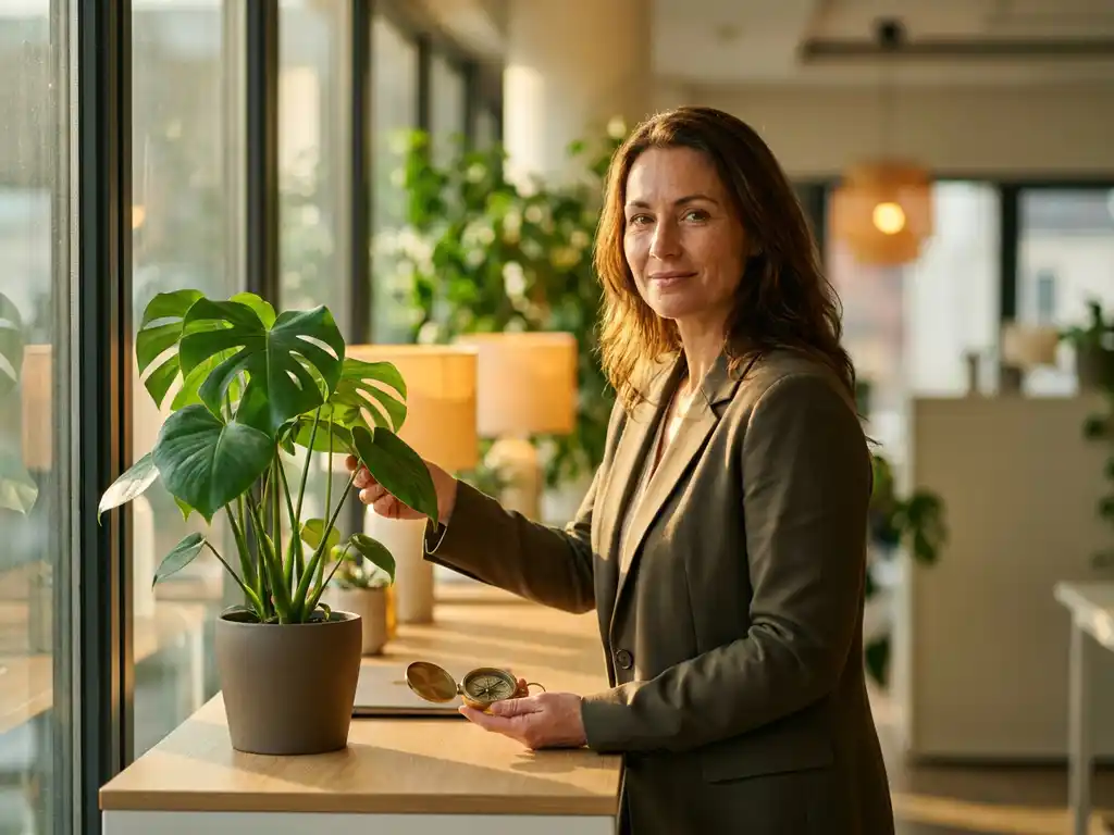 Professionele vrouw houdt kompas vast naast groene plant op modern kantoorbureau, natuurlijk licht door ramen