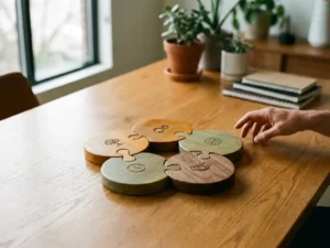 Houten puzzel met vijf cirkelvormige stukken in pentagon-formatie op eiken conferentietafel, duurzame inzetbaarheid training