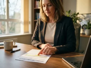 Professionele vrouw van middelbare leeftijd bestudeert loonstrook met duurzame inzetbaarheidsvoordelen aan houten bureau
