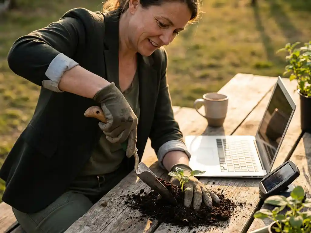 Professionele vrouw plant jonge boom met ergonomisch tuingereedschap naast laptop op houten tafel, gouden uurtje verlichting