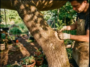 Vakkundige handen in werkhandschoenen enten een groene tak op een volwassen eikenboom in een vredige tuinwerkplaats