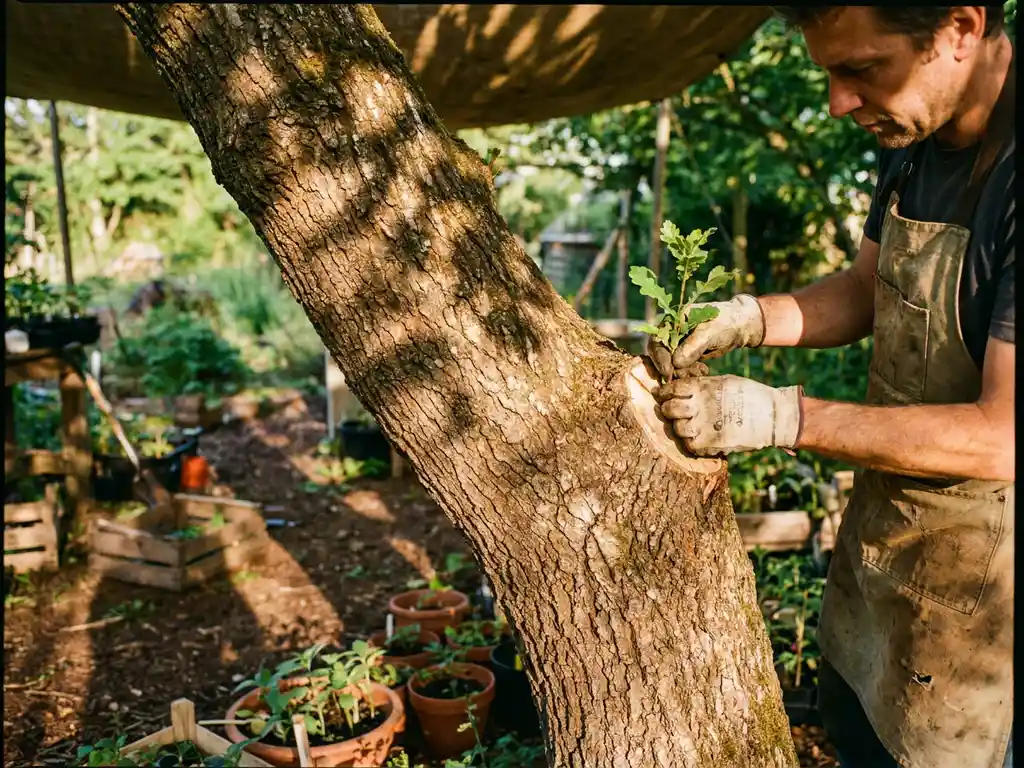 Vakkundige handen in werkhandschoenen enten een groene tak op een volwassen eikenboom in een vredige tuinwerkplaats