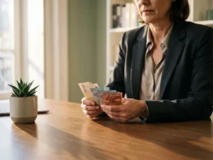 Professionele vrouw telt eurobiljetten aan houten bureau met groene plant, natuurlijk licht door ramen