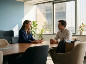 Professionele vrouw in marineblauw jasje voert exitgesprek met vertrekkende collega aan moderne vergadertafel