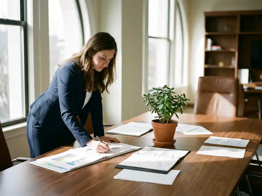 Professionele vrouw in pak bestudeert financiële grafieken op houten vergadertafel met groene plant tussen documenten