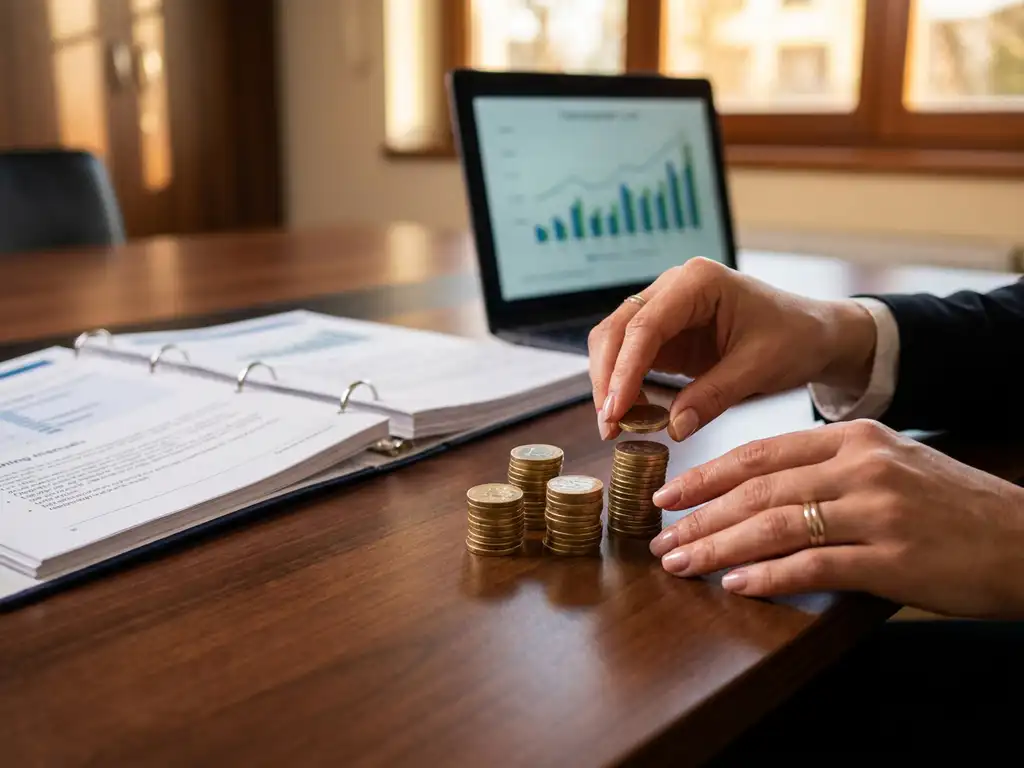 Professionele handen stapelen gouden euromunten op houten vergadertafel naast trainingshandboeken en laptop met groeigrafiek