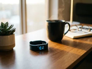 Fitness tracker met hartslaggegevens op modern bureau naast vetplant en koffiekop bij raam met natuurlijk licht