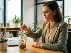 Professionele vrouw in pak plaatst gouden munten in glazen pot met groene plant op houten bureau in kantoor