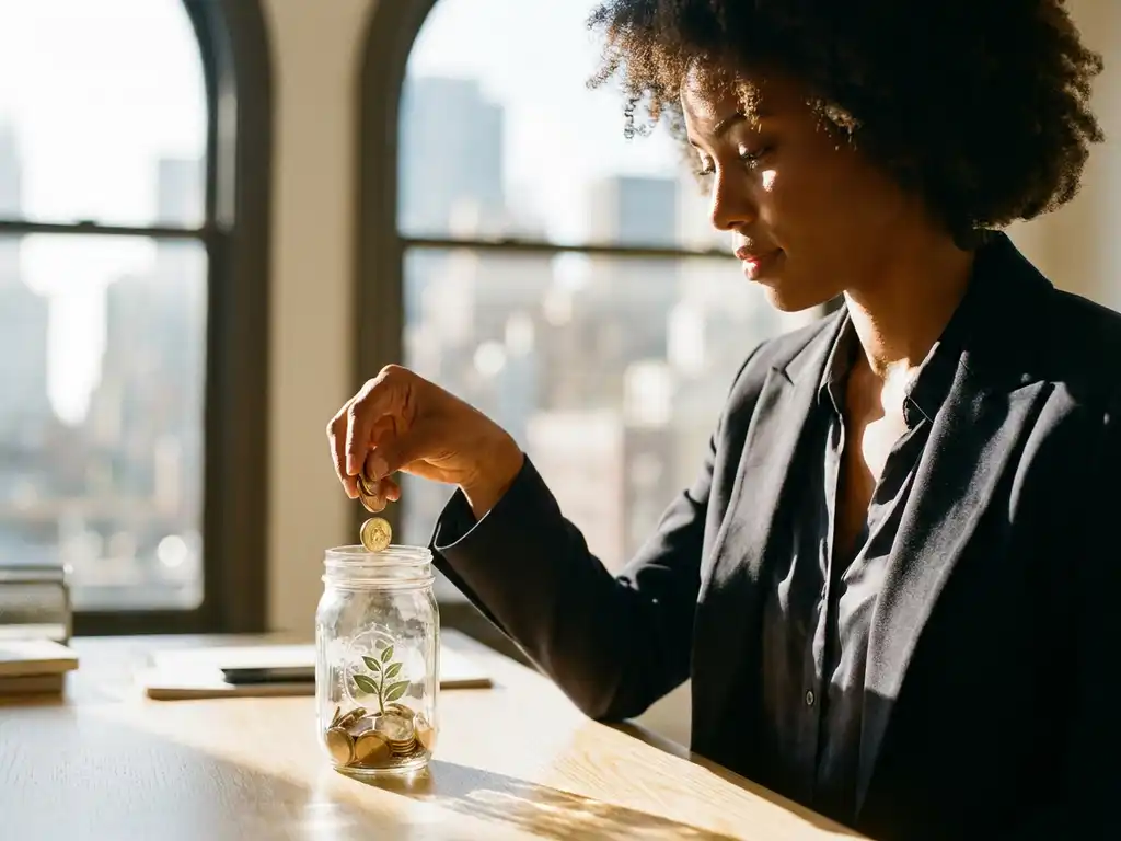 Professionele vrouw in pak plaatst gouden munten in glazen pot met plantje op modern bureau in licht kantoor