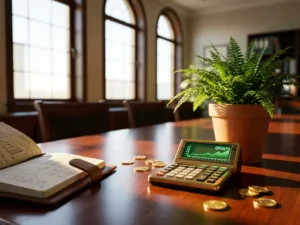 Rekenmachine met groeistatistieken op houten vergadertafel naast groene plant, gouden munten en opengeslagen notitieboek met grafieken