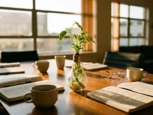 Glazen gloeilamp met groene plantscheuten op houten vergadertafel tussen notitieboeken en koffiekopjes in kantoor met gouden zonlicht
