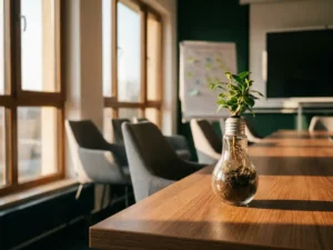 Gloeilamp van helder glas met groeiende plant op houten bureau in moderne trainingsruimte