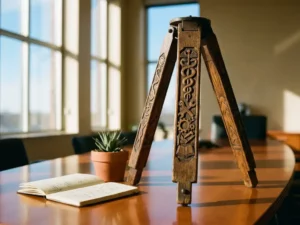 Houten driepoot met gedetailleerde gravures op gepolijste conferentietafel, omringd door vetplant en notitieboek
